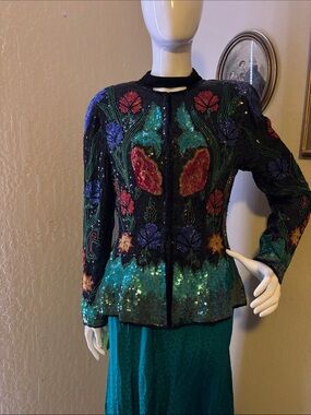 Beaded Floral Sequin Blazer Jacket - Black with Teal Accents